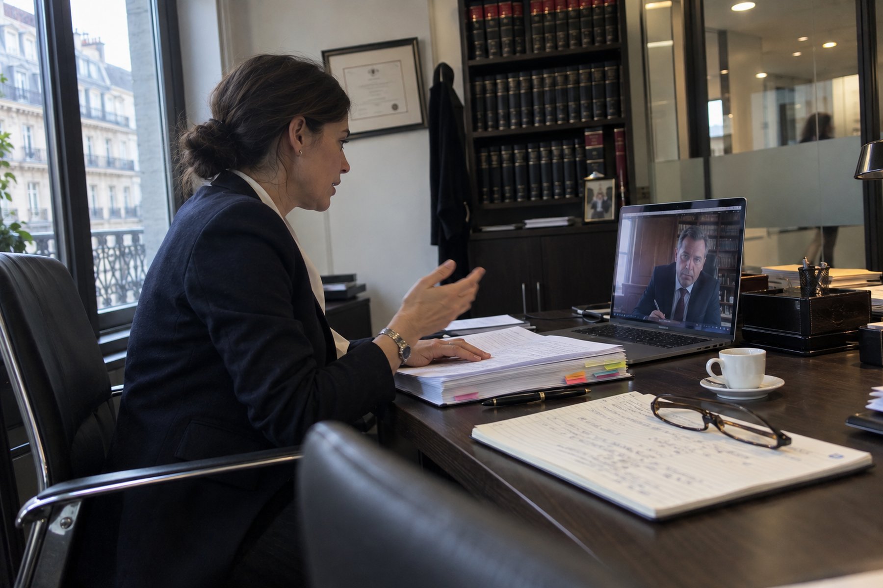Avocate en visioconférence avec un confrère britannique, dans son bureau